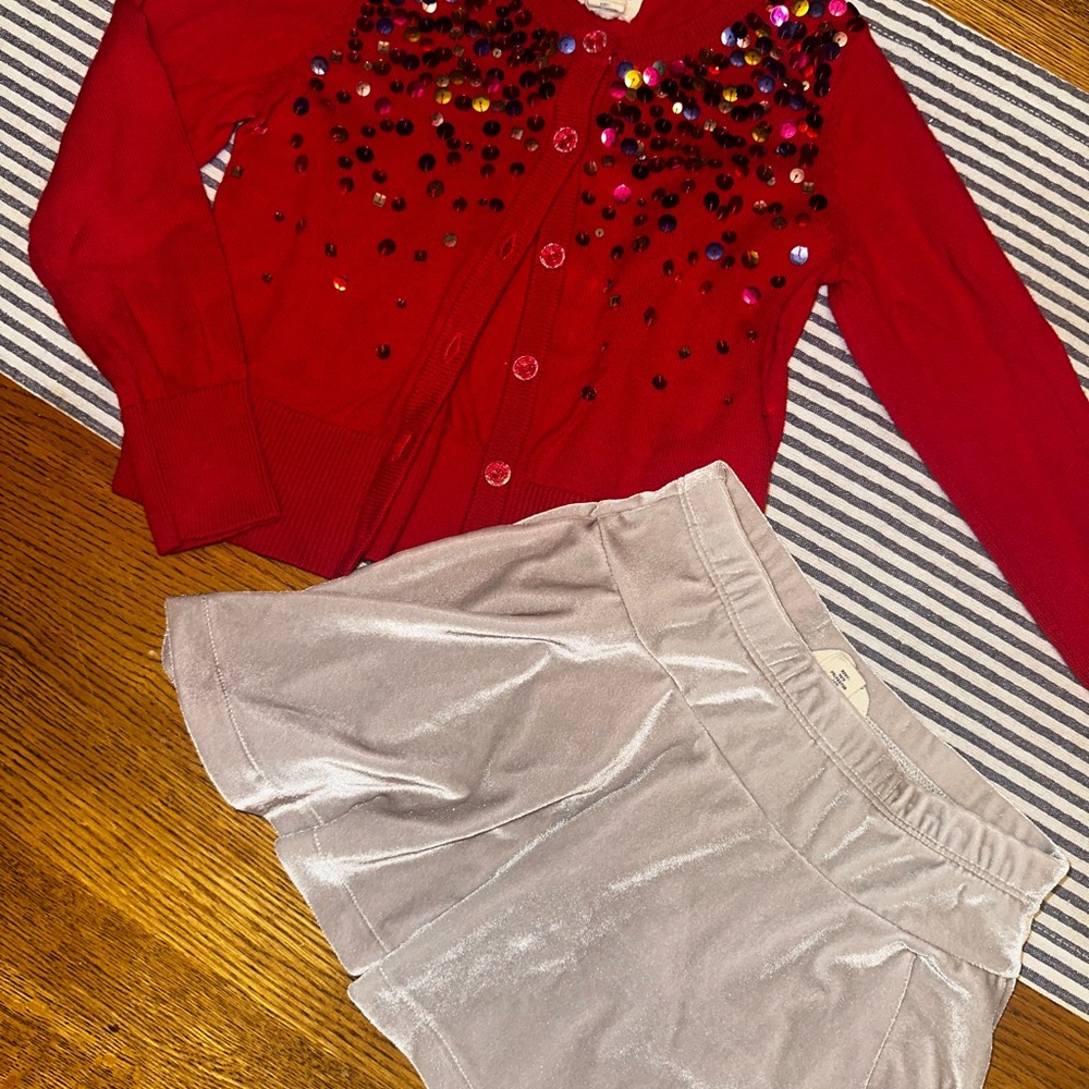 Lands End Red Sequin Cardigan and Gray Skater Skirt Set Size 4